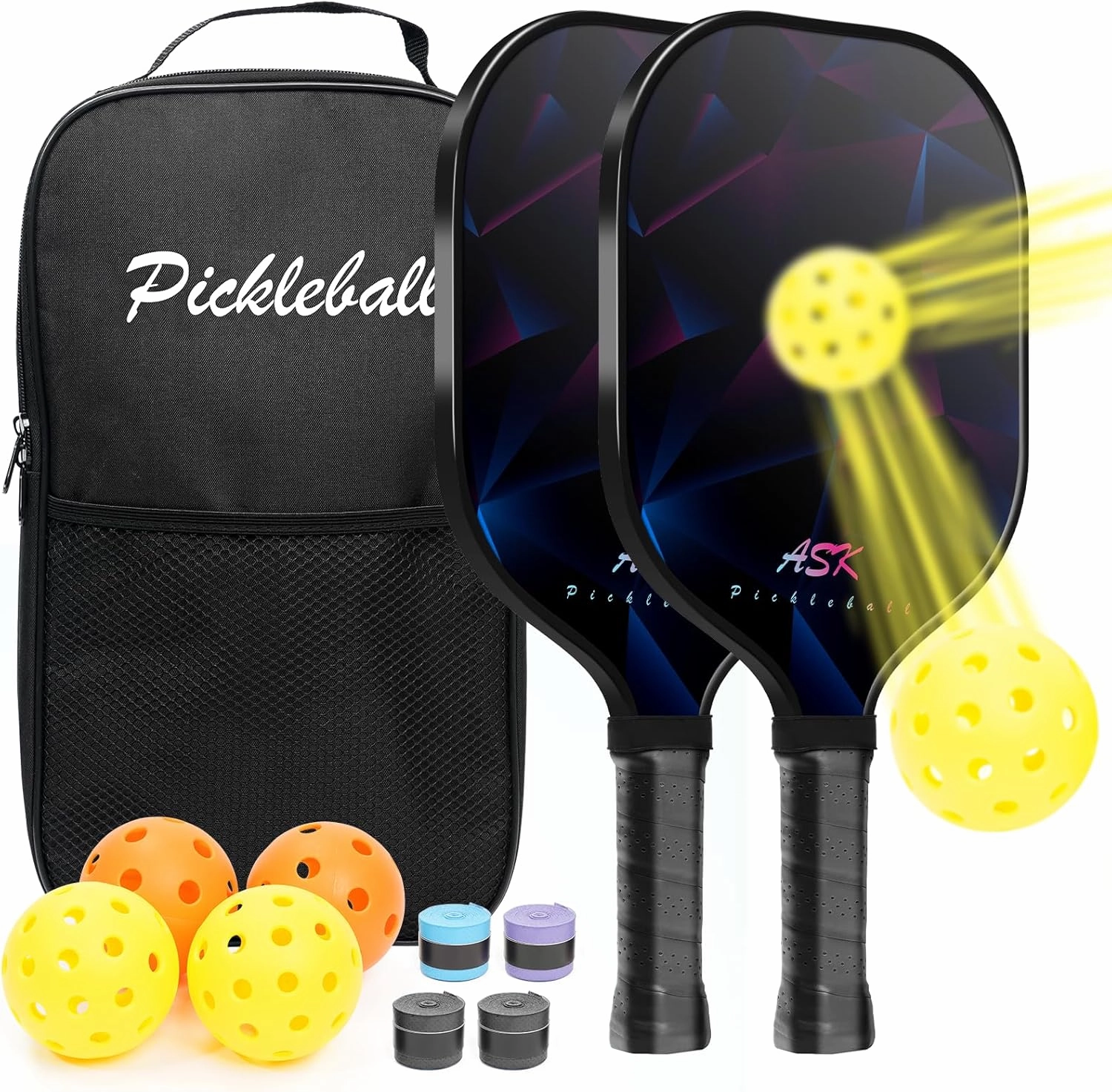Pickleball Paddles Set of 2, Fiberglass Surface USAPA Approved Pickleball Paddle with 4 Outdoor Indoor Balls & Bag, Lightweight Pickle Ball Rackets for Women Men Kids, Idea Pickleball Gifts