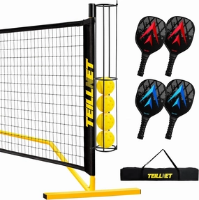 Pickleball Set with Net & Metal Ball Holder - Portable 22FT Regulation Size Net, 4 Wooden Paddles, 4 Balls and Carry Bag, Weather-Resistant Metal Frame, Perfect for Outdoor Indoor Driveway