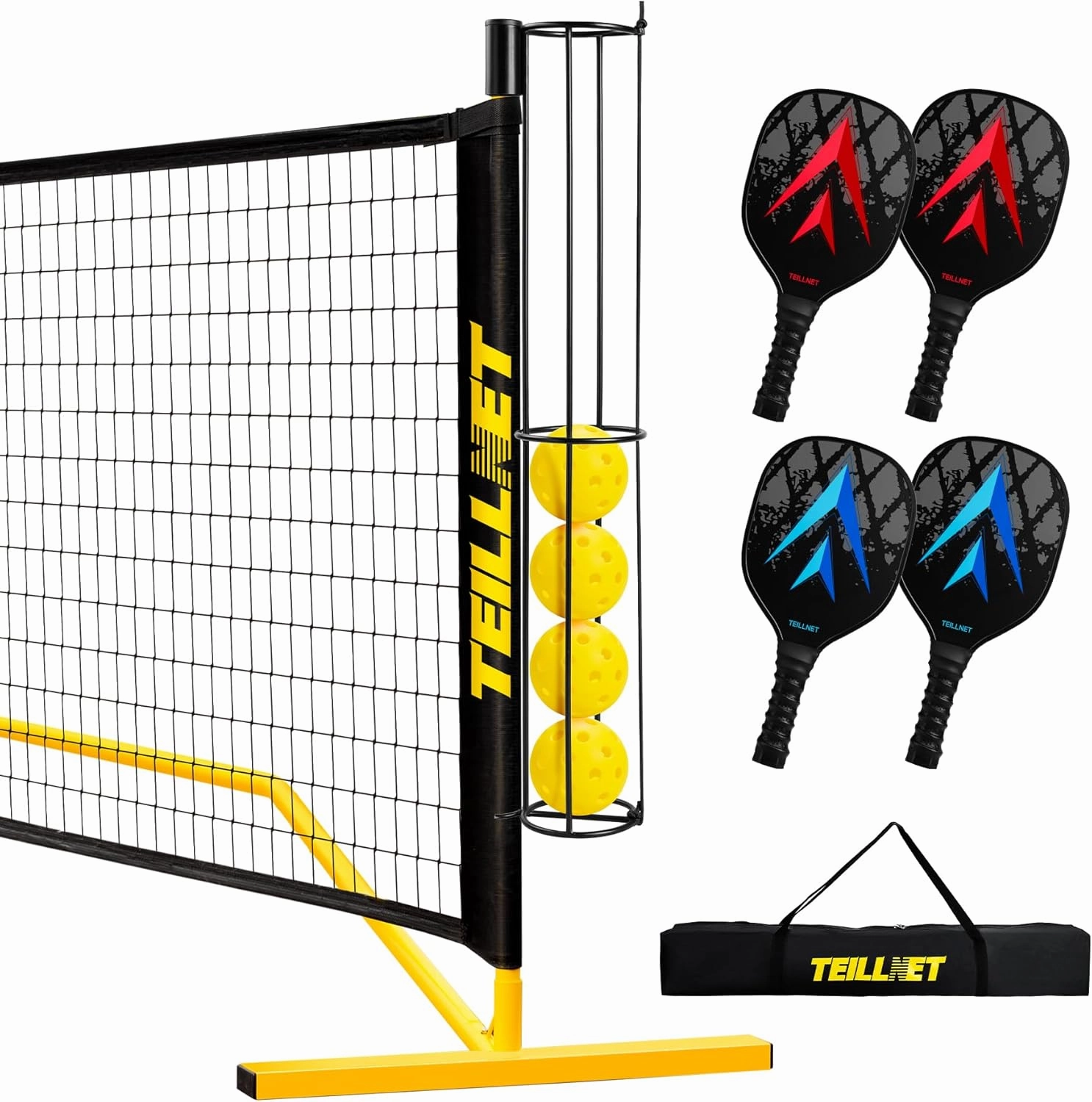 Pickleball Set with Net & Metal Ball Holder - Portable 22FT Regulation Size Net, 4 Wooden Paddles, 4 Balls and Carry Bag, Weather-Resistant Metal Frame, Perfect for Outdoor Indoor Driveway