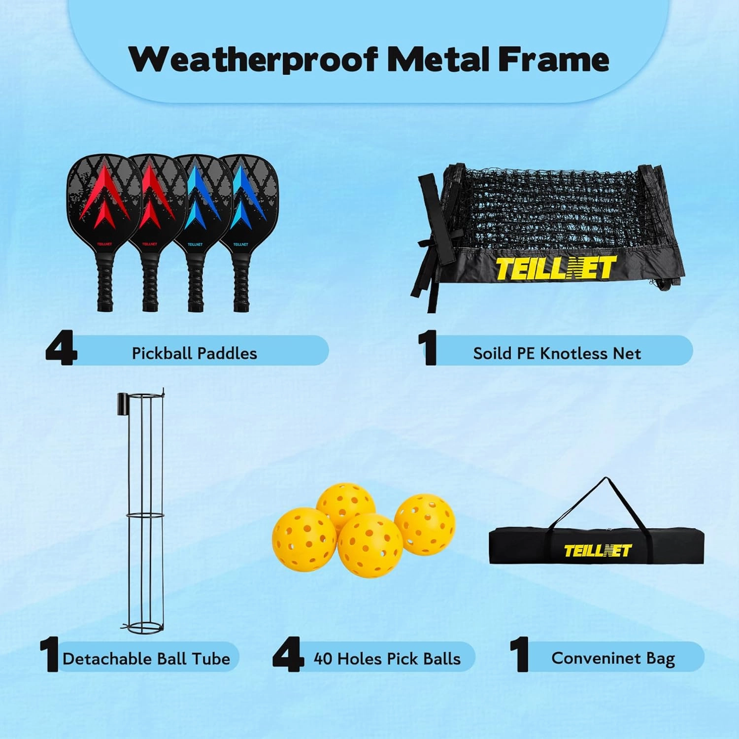 Pickleball Set with Net & Metal Ball Holder - Portable 22FT Regulation Size Net, 4 Wooden Paddles, 4 Balls and Carry Bag, Weather-Resistant Metal Frame, Perfect for Outdoor Indoor Driveway