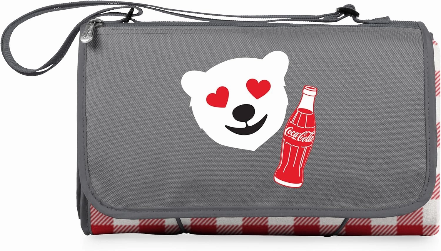 PICNIC TIME Coca-Cola Emoji Blanket Tote Outdoor Picnic Blanket, Beach Blanket, Camping Blanket, (Red & White Gingham Pattern with Gray Flap)