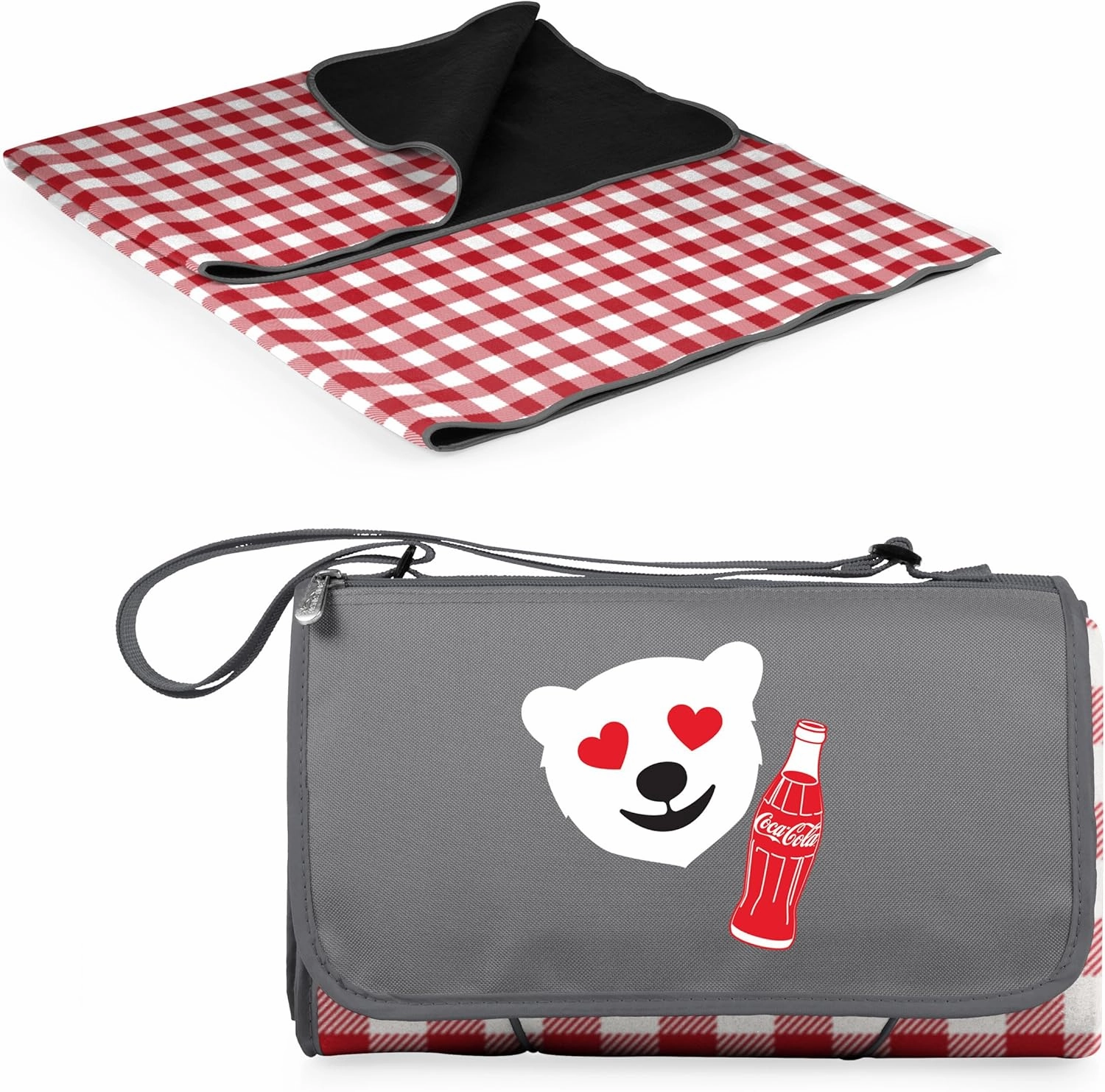 PICNIC TIME Coca-Cola Emoji Blanket Tote Outdoor Picnic Blanket, Beach Blanket, Camping Blanket, (Red & White Gingham Pattern with Gray Flap)