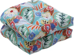 Pillow Perfect Bright Floral Indoor/Outdoor Chair Seat Cushion Tufted, Weather, and Fade Resistant, 19" x 19", Blue/Orange Marlow 2 Count