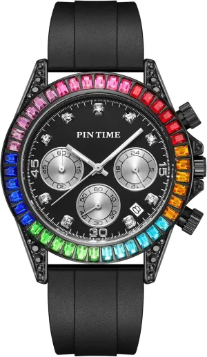 PINTIME Mens Diamond Watches Rainbow Baguette Colorful Fashion Sport Chronograph Classic Silicone Quartz Analog Wristwatches
