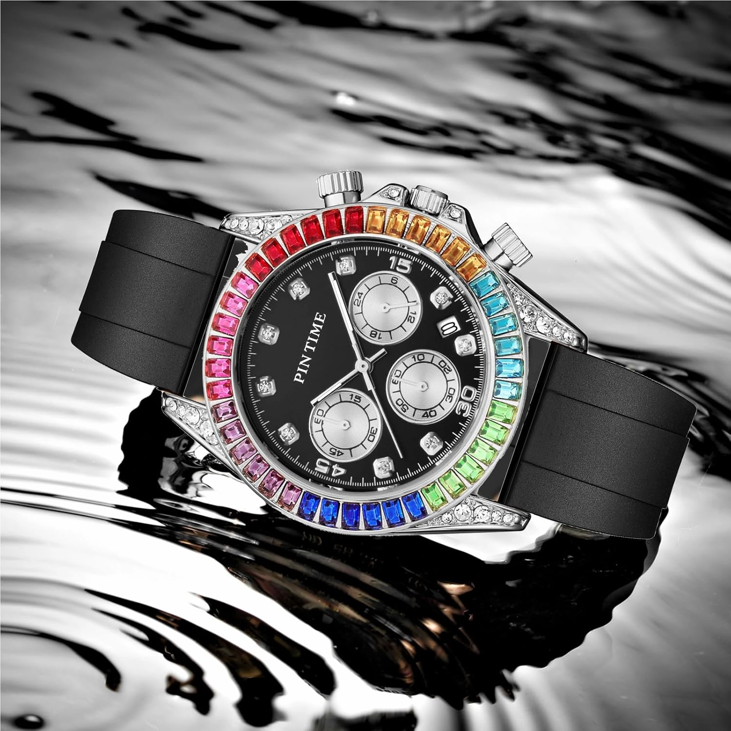 PINTIME Mens Diamond Watches Rainbow Baguette Colorful Fashion Sport Chronograph Classic Silicone Quartz Analog Wristwatches