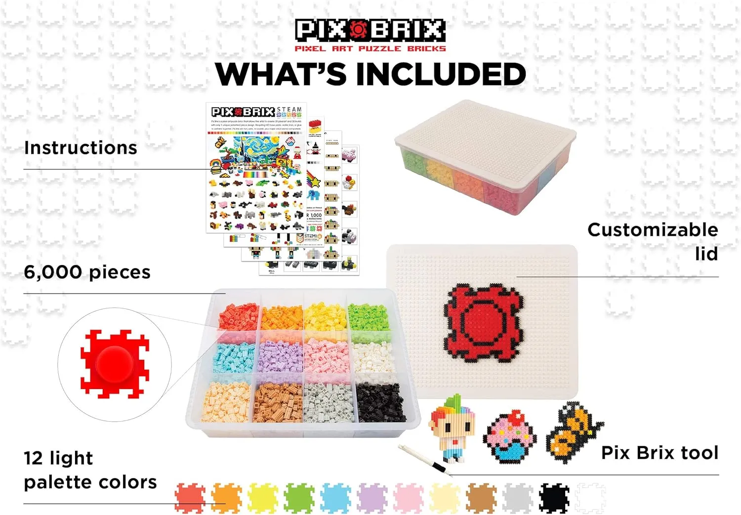 Pix Brix Pixel Art Puzzle Bricks – 6,000 Piece Pixel Art Container, 12 Color Light Palette – Interlocking Building Bricks, Create 2D and 3D Builds Without Water or Glue – Stem Toys, Ages 6 Plus