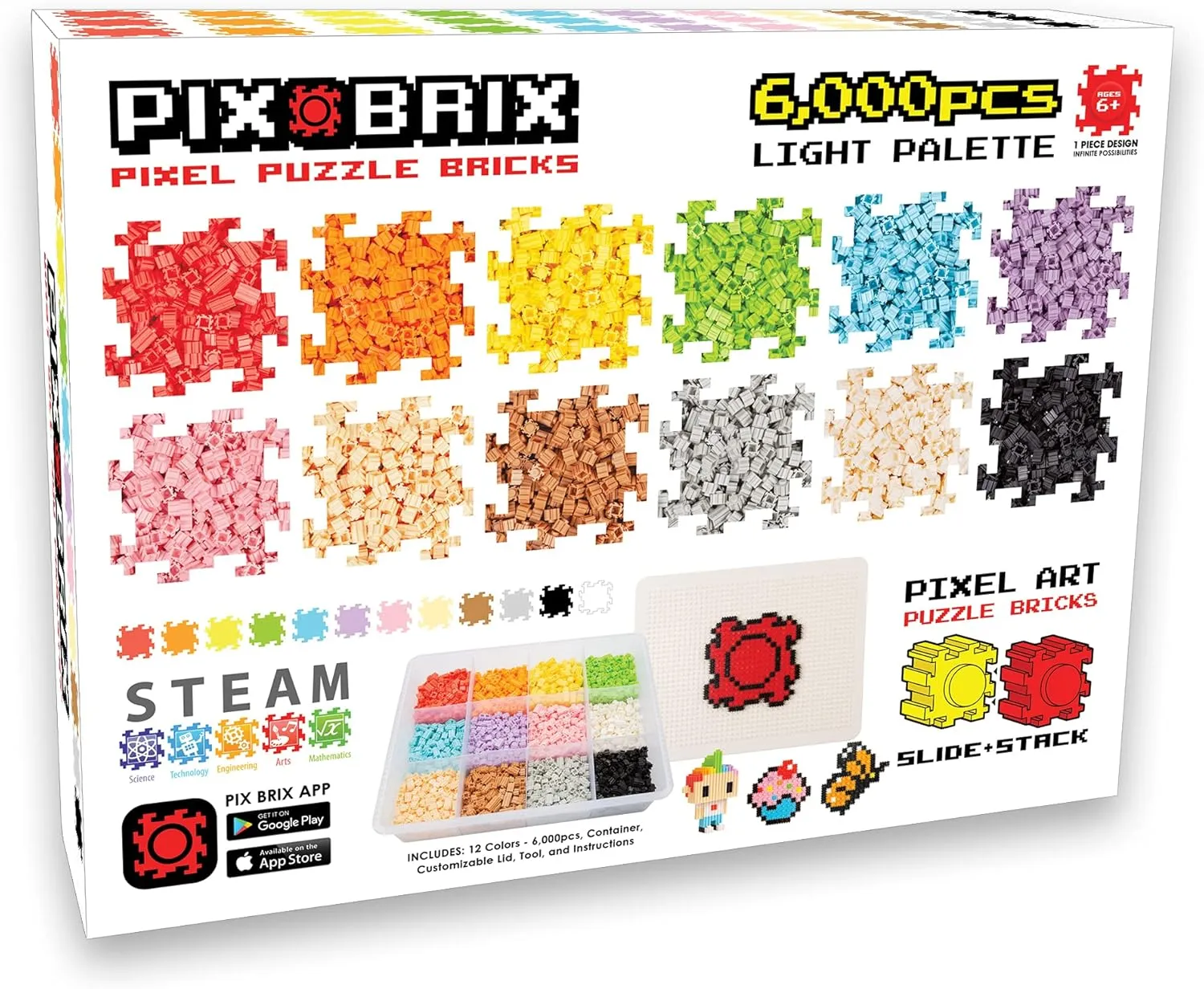 Pix Brix Pixel Art Puzzle Bricks – 6,000 Piece Pixel Art Container, 12 Color Light Palette – Interlocking Building Bricks, Create 2D and 3D Builds Without Water or Glue – Stem Toys, Ages 6 Plus