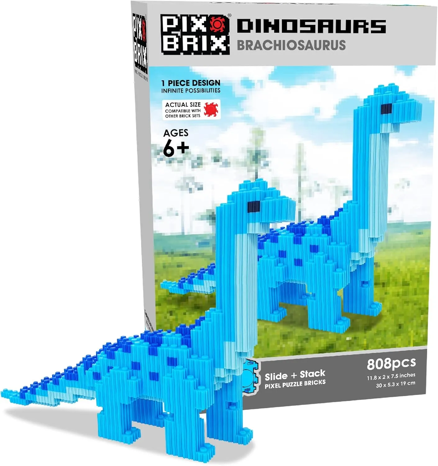 Pix Brix Pixel Art Puzzle Bricks – Dinosaur Series, Brachiosaurus – Patented Building Brick Set to Recreate Your Favorite Dino, Includes 808 Pieces – Create 3D Builds Without Water, Iron or Glue