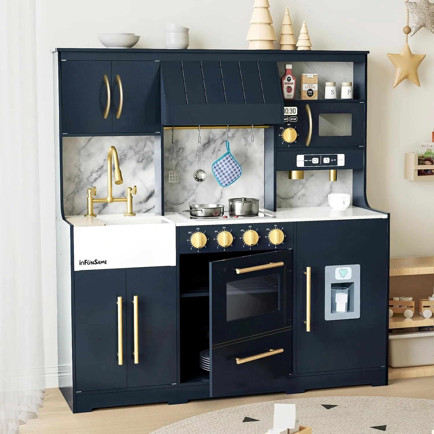 Play Kitchen for kids with Various Interactive Pretend wooden Kids Kitchen playset Play Features and 14 Pcs Toddler Kitchen Accessories, Toy Kitchen Set for Boys and Girls Ages 3 （Dark Blue）