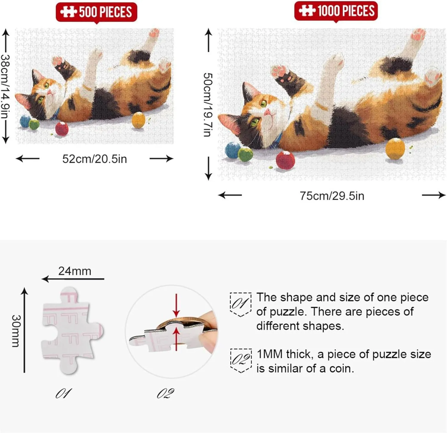 Playful Cat Colorful Balls Jigsaw Puzzles 500 Pieces for Adults Funny Landscape Puzzle Animal Art Print, 20.5x14.9 Inch