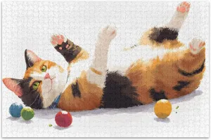Playful Cat Colorful Balls Jigsaw Puzzles 500 Pieces for Adults Funny Landscape Puzzle Animal Art Print, 20.5x14.9 Inch