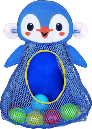 PlayGo Bath Toy Organizer Penguin | Four Suction Cups for Hanging | Bathtub Toys Holder | Bathroom Baby Toy Storage Quick Dry Bathtub Mesh Net | 2 in 1| 10 Pieces Colorful Soft Balls, 18703