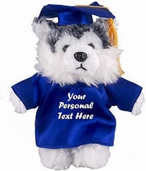 Plushland Plush Stuffed Animal Toys 8 Inches Present Gifts for Graduation Day, Personalized Text, Name or Your School Logo on Gown, Best for Any Grad School Kids (Graduation Husky Blue Gown)