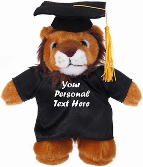 Plushland Plush Stuffed Animal Toys 8 Inches Present Gifts for Graduation Day, Personalized Text, Name or Your School Logo on Gown, Best for Any Grad School Kids (Graduation Lion Black Gown)