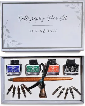 Pockets & Places Calligraphy Pen Set & Gift Set for Art, Antique Brass Holder Includes Wooden Dip Pen for Writing 10 Nibs, 4 Colors Ink Set Bottles and Beginner's Manual for Calligraphy Enthusiasts