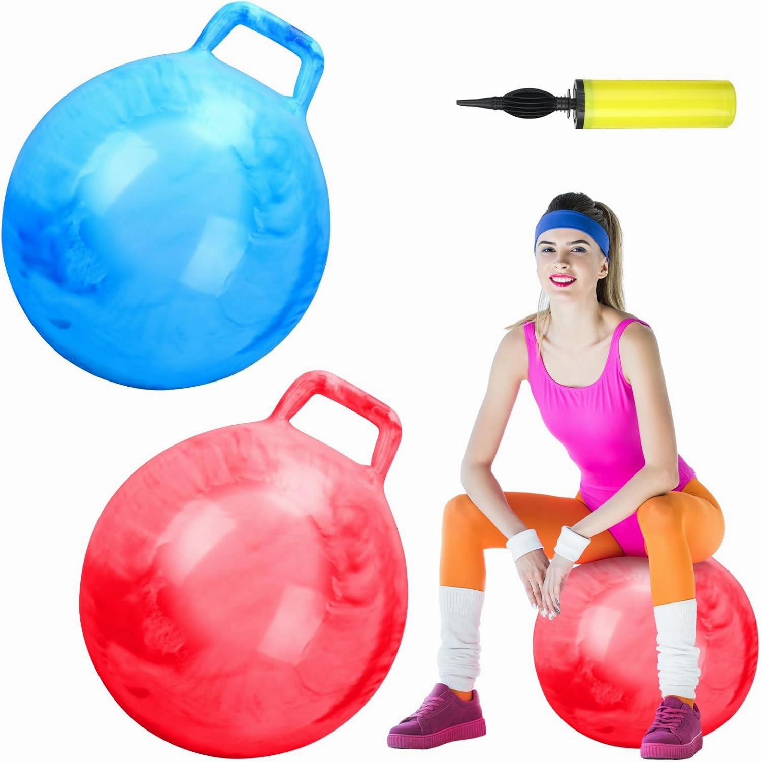 Poen 2 Pcs 29 Inch Hopper Bouncing Ball with Handle Jumping Bouncy Space Hopping Ball with Air Pump for Exercise (Marbled Red, Marbled Blue)