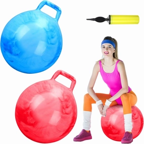 Poen 2 Pcs 29 Inch Hopper Bouncing Ball with Handle Jumping Bouncy Space Hopping Ball with Air Pump for Exercise (Marbled Red, Marbled Blue)