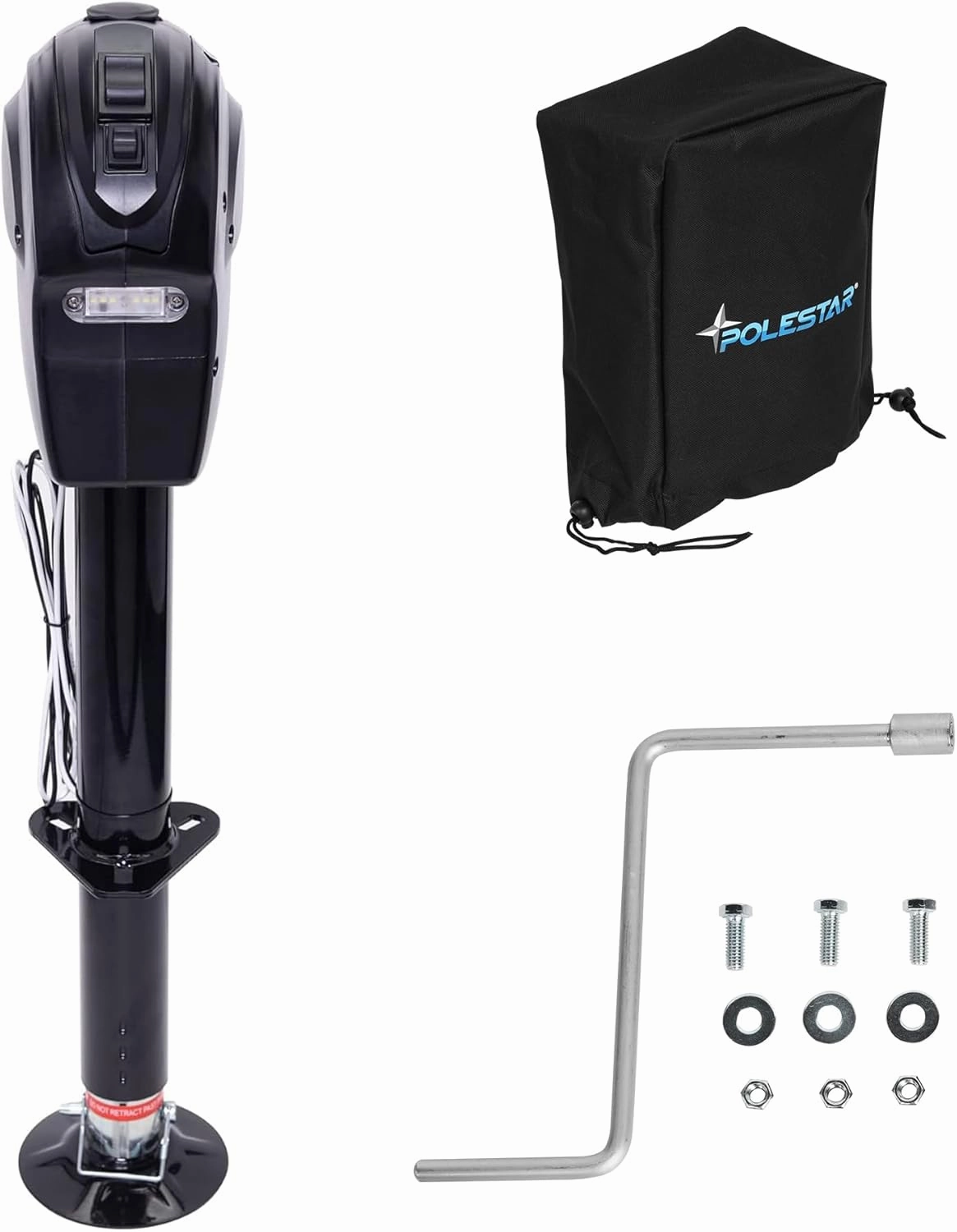 POLESTAR Electric Trailer Jack, 5000lbs Electric Power A-Frame Tongue Jack with Waterproof Protective Cover & LED Light for Travel Trailer Camper, RV, 12V DC with Hard Wiring, 9"-27" Lift