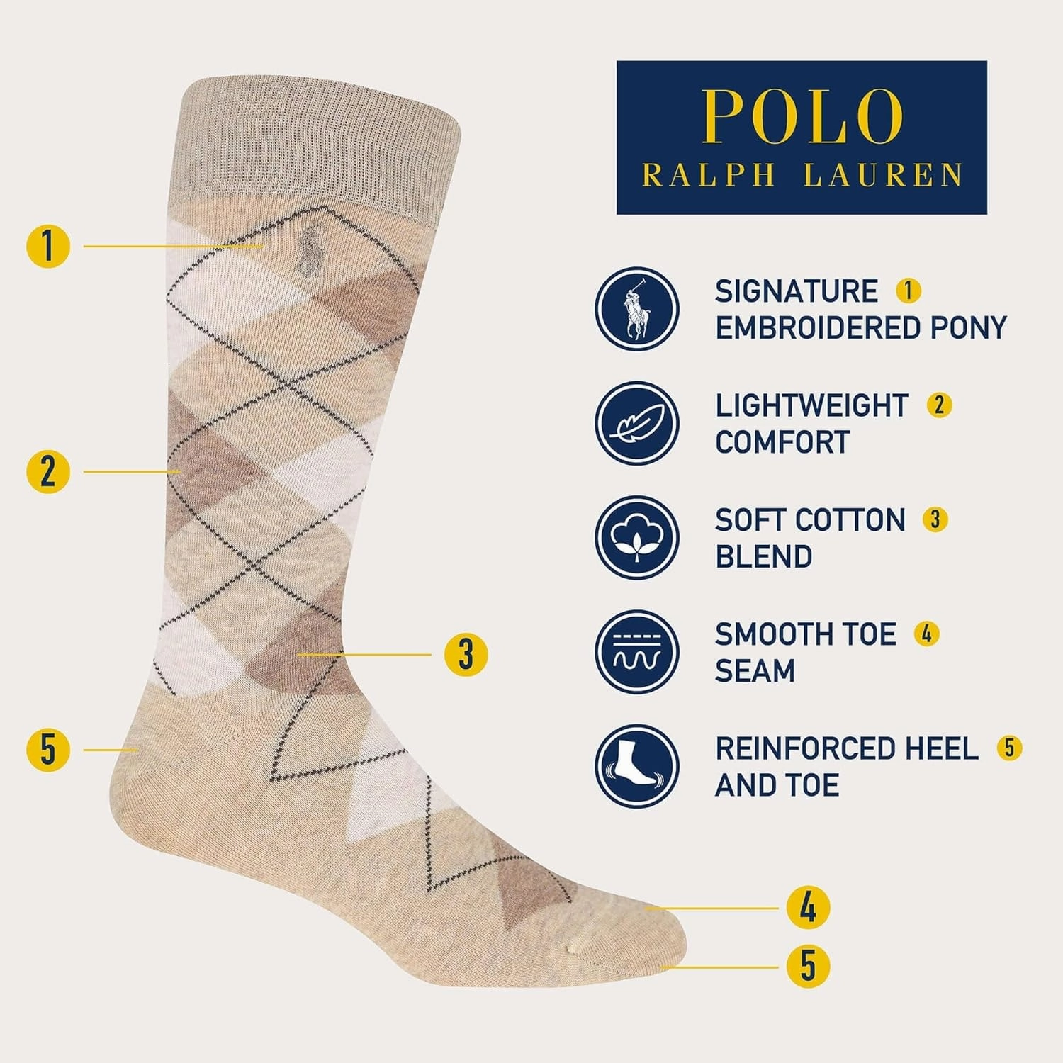 Polo Ralph Lauren Men's Argyle Pattern Dress Crew Socks - 3 Pair Pack - Soft Lightweight Cotton Comfort