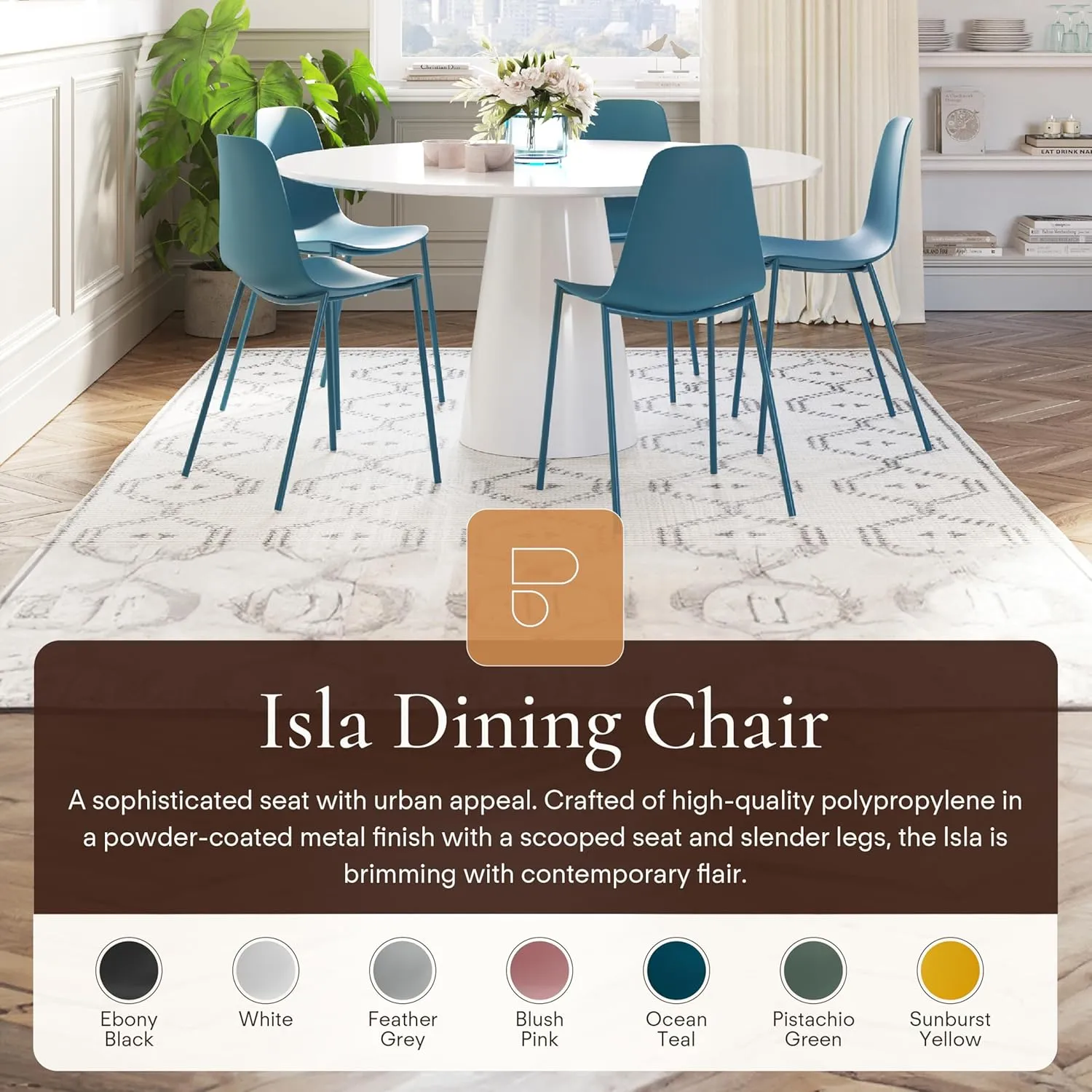 POLY & BARK Isla Modern Kitchen Chairs Set of 4 - Plastic Dining Chair with Metal Legs - Quick Assembly Simple Cafe Chairs Plastic for Indoor or Outdoor - Ocean Teal