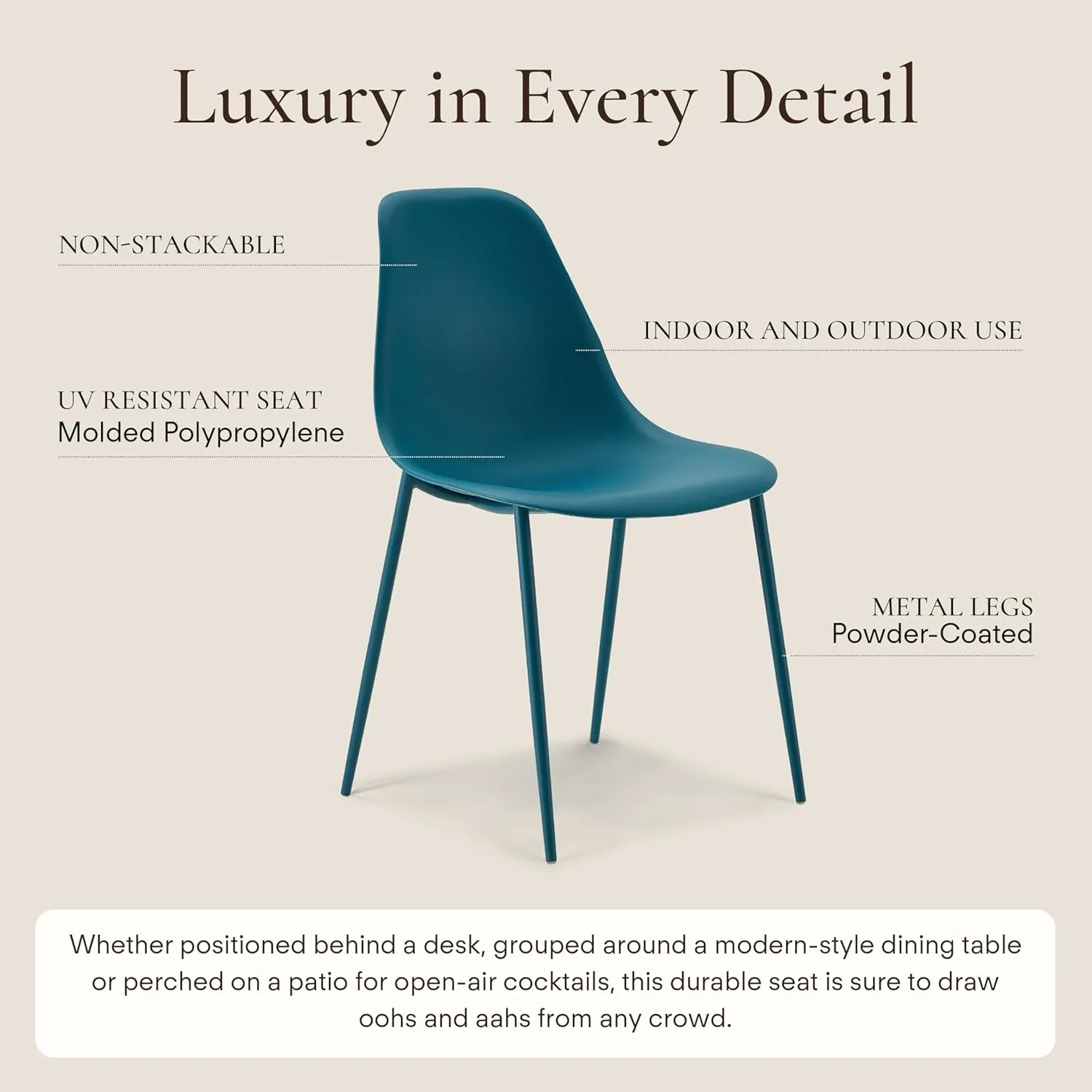 POLY & BARK Isla Modern Kitchen Chairs Set of 4 - Plastic Dining Chair with Metal Legs - Quick Assembly Simple Cafe Chairs Plastic for Indoor or Outdoor - Ocean Teal