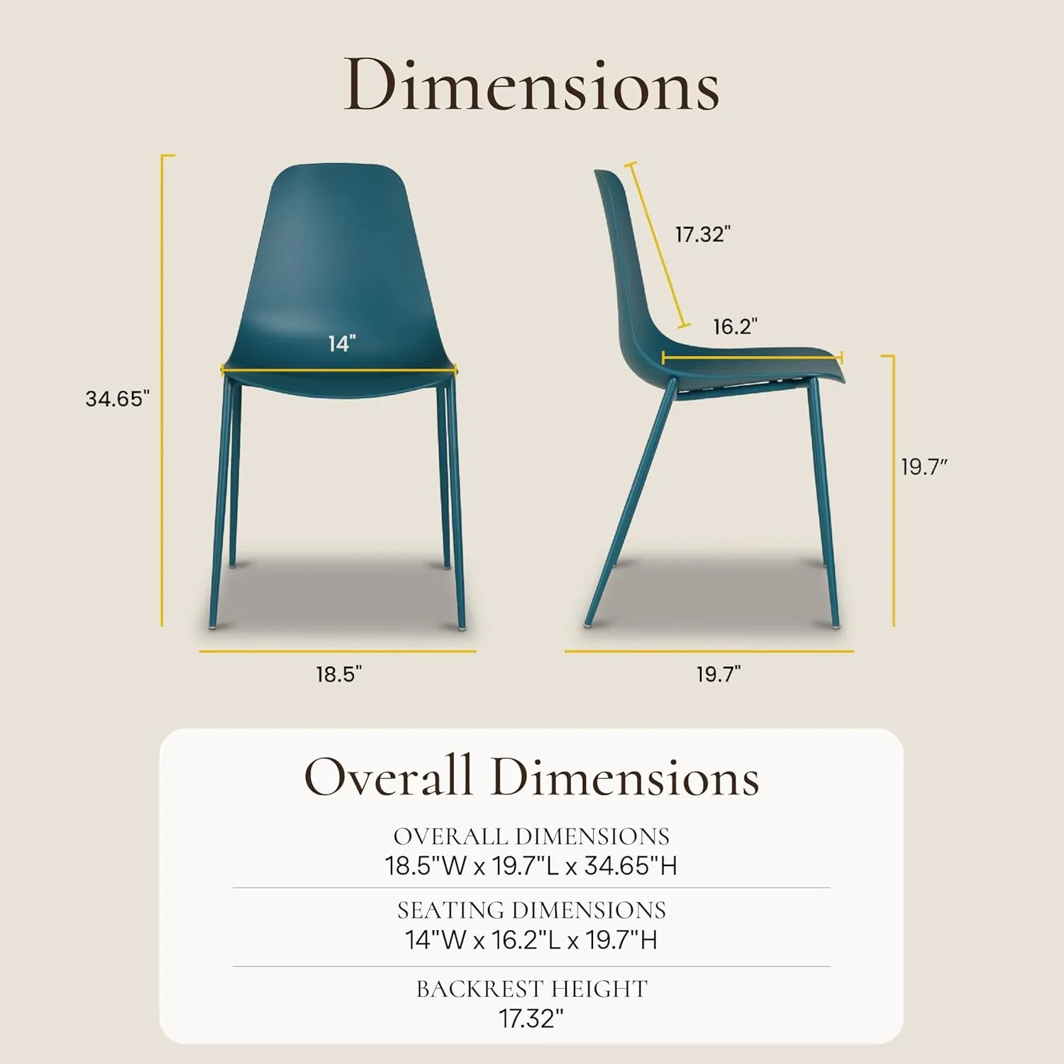 POLY & BARK Isla Modern Kitchen Chairs Set of 4 - Plastic Dining Chair with Metal Legs - Quick Assembly Simple Cafe Chairs Plastic for Indoor or Outdoor - Ocean Teal