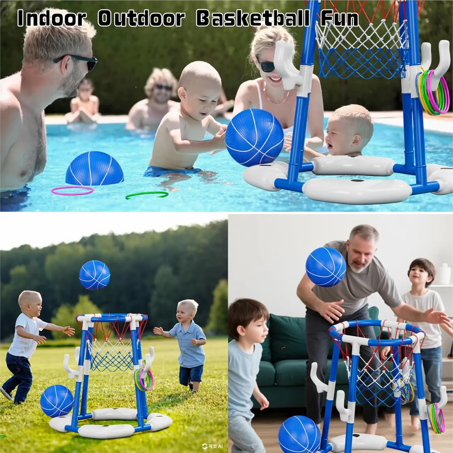 Pool Basketball Hoop 2-in-1 with 4 Balls, 12 Rings & Pump - Floating Water Basketball Set for Swimming Pool Games, Outdoor/Indoor Family Toy Kids Ages 3-12 & Adults