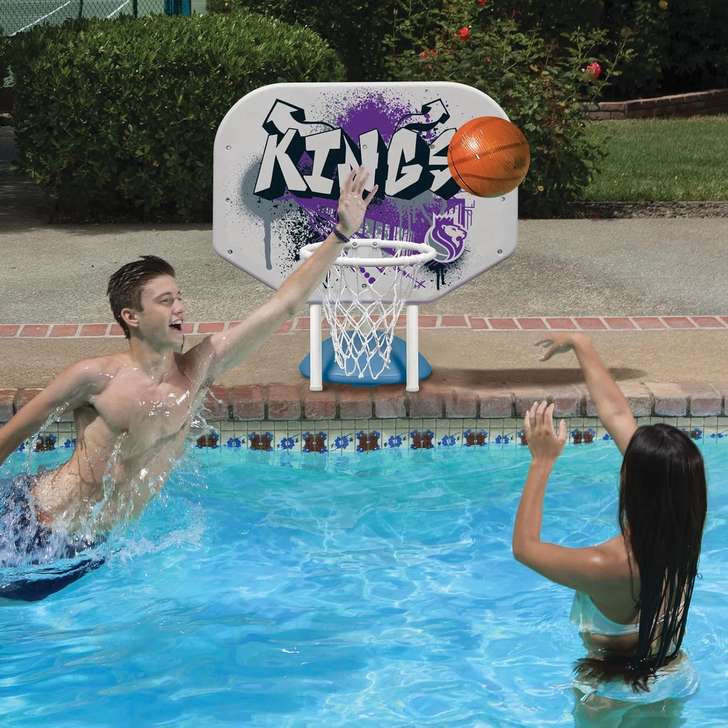 Poolmaster NBA Graffiti Pro Rebounder Poolside Basketball Goal Set with Base, Backboard, Hoop, Net, and Ball