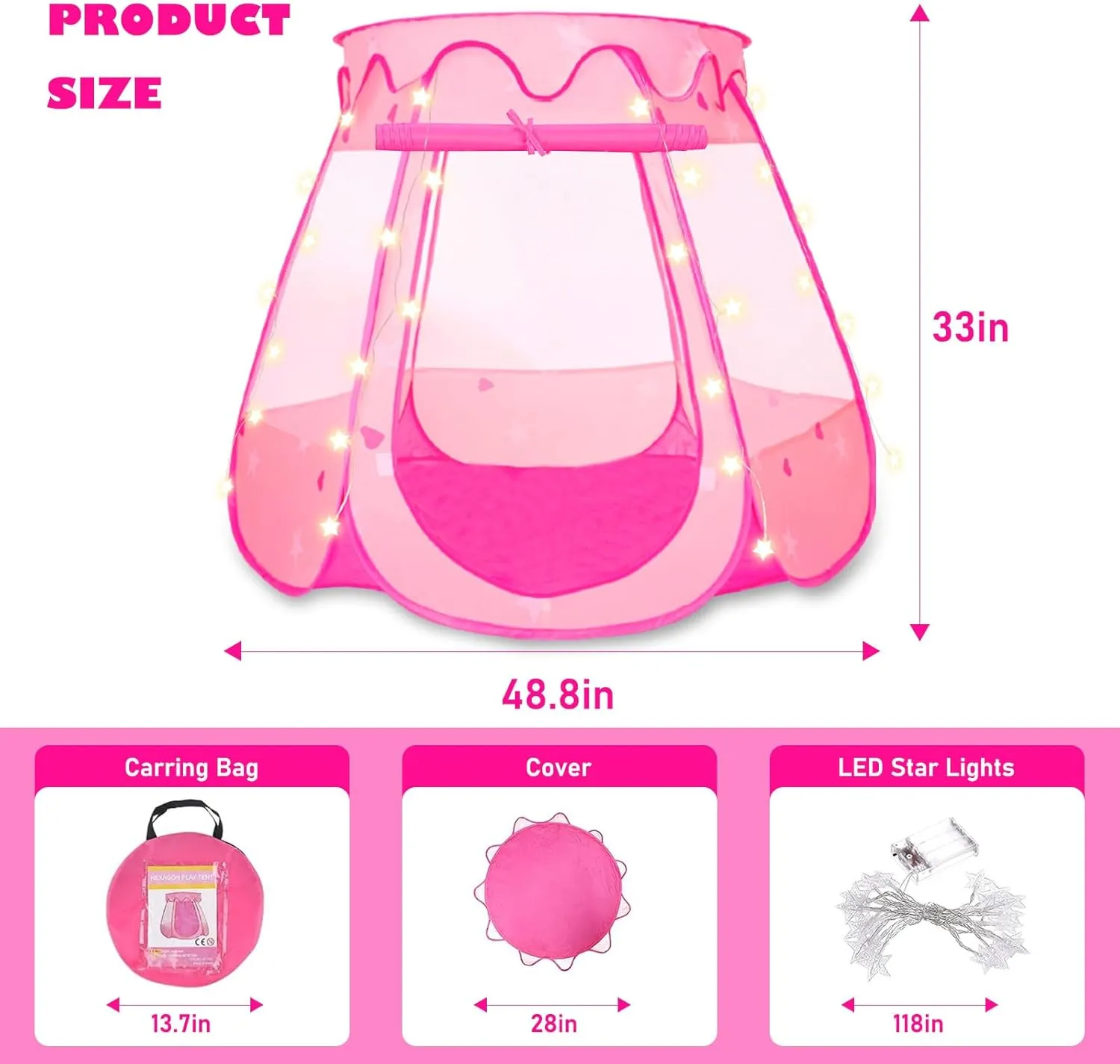 Pop Up Princess Tent with Star Lights,Ball Pit for 1 2 3 Year Old Girl Birthday Gift,Princess Toys for Toddlers 1-3 with Carrying Bag, Play Tent for Kids Indoor|Outdoor (50 Balls not Included)
