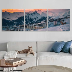 Popular alpine ski resort colorful sunrise France 3 Piece Canvas Wall Art for Living Room Bedroom Office Framed Prints Pictures Painting Wall Decor Artwork for Walls Set of 3