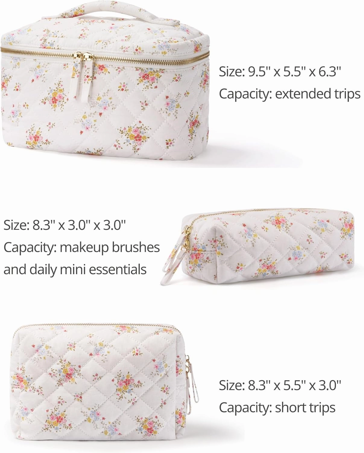 Popvibe Floral Quilted Makeup Bag Set of 3 Piece, Cute Travel Makeup Bags Coquette White Flower Cosmetic Pouch, Aesthetic Cotton Quilt Cloth Toiletry Traveling Bag for Women, Girls