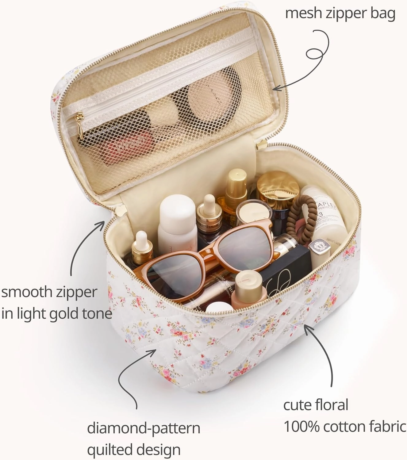 Popvibe Floral Quilted Makeup Bag Set of 3 Piece, Cute Travel Makeup Bags Coquette White Flower Cosmetic Pouch, Aesthetic Cotton Quilt Cloth Toiletry Traveling Bag for Women, Girls