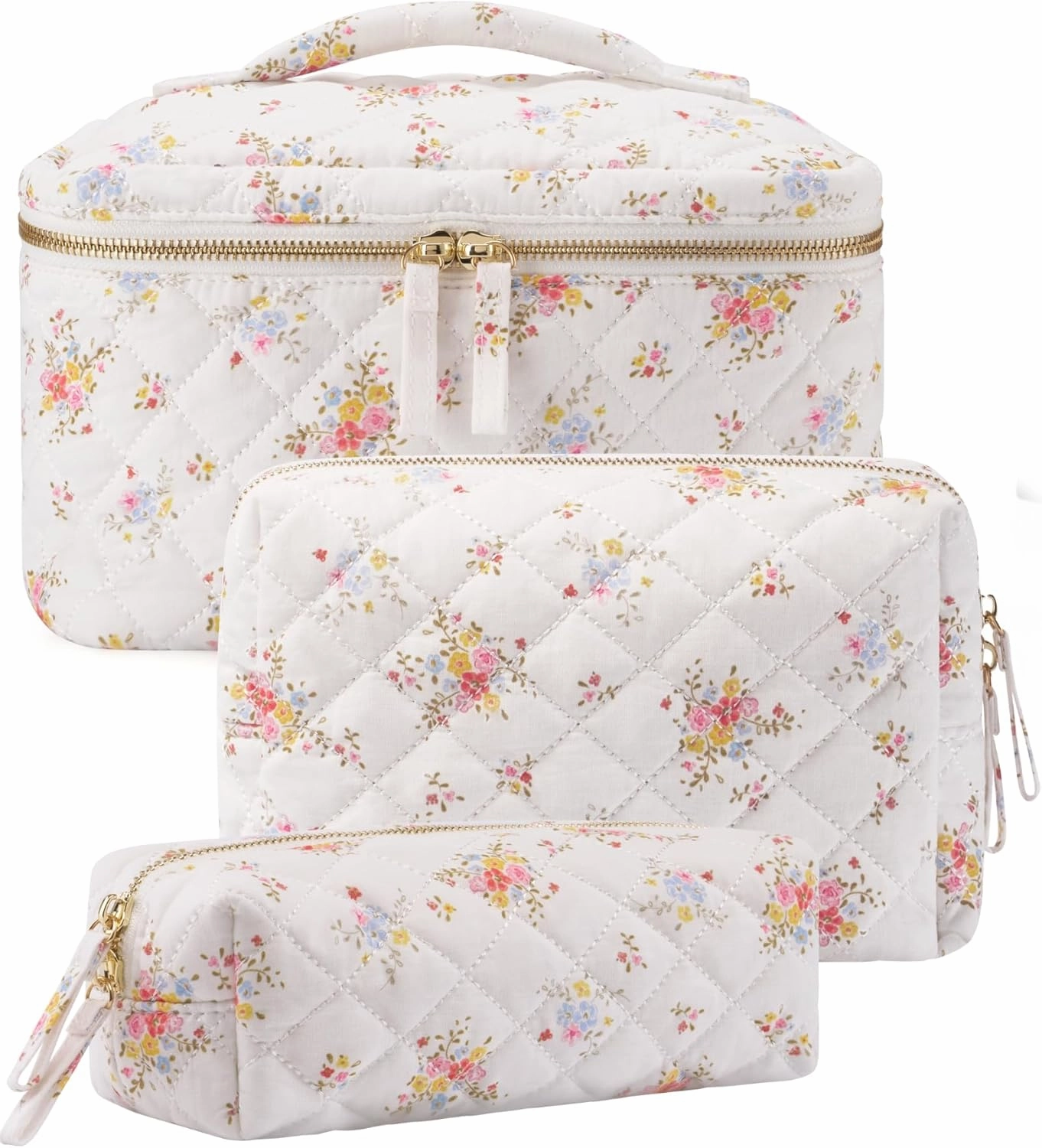 Popvibe Floral Quilted Makeup Bag Set of 3 Piece, Cute Travel Makeup Bags Coquette White Flower Cosmetic Pouch, Aesthetic Cotton Quilt Cloth Toiletry Traveling Bag for Women, Girls