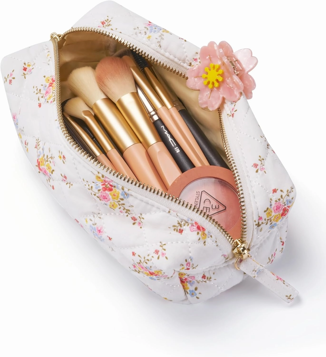 Popvibe Floral Quilted Makeup Bag Set of 3 Piece, Cute Travel Makeup Bags Coquette White Flower Cosmetic Pouch, Aesthetic Cotton Quilt Cloth Toiletry Traveling Bag for Women, Girls