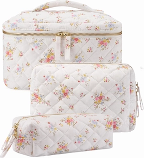 Popvibe Floral Quilted Makeup Bag Set of 3 Piece, Cute Travel Makeup Bags Coquette White Flower Cosmetic Pouch, Aesthetic Cotton Quilt Cloth Toiletry Traveling Bag for Women, Girls