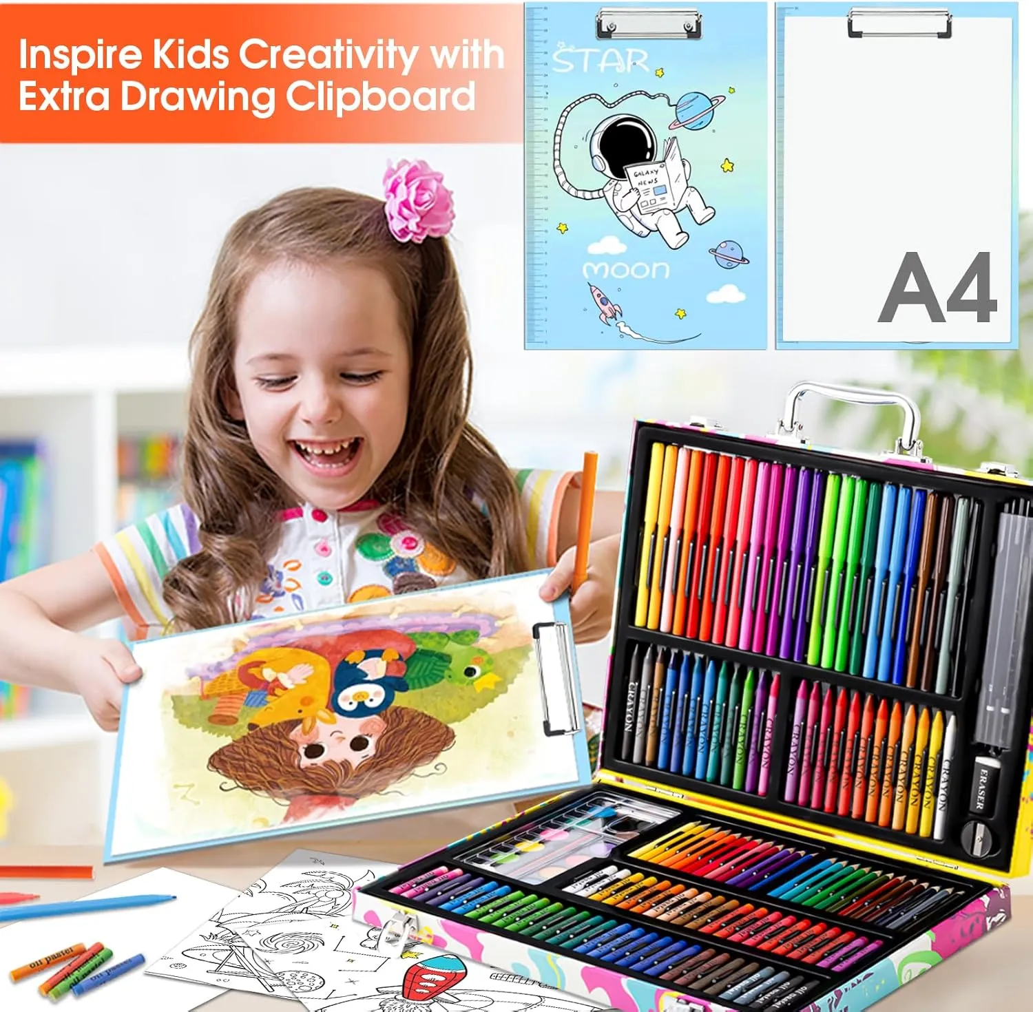 POPYOLA Art Supplies, 180 Piece Drawing Painting Art Kit with Clipboard and Coloring Papers, Gifts Art Set Case with Oil Pastels, Crayons, Colored Pencils, Watercolor Cakes