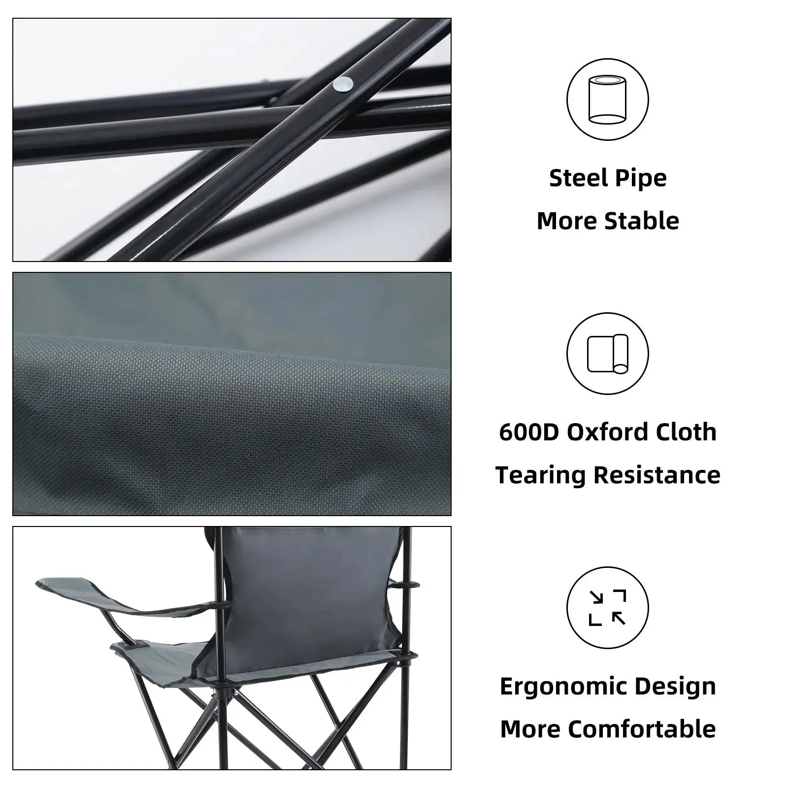 Portable Folding Grey Camping Chair, 1-Pack