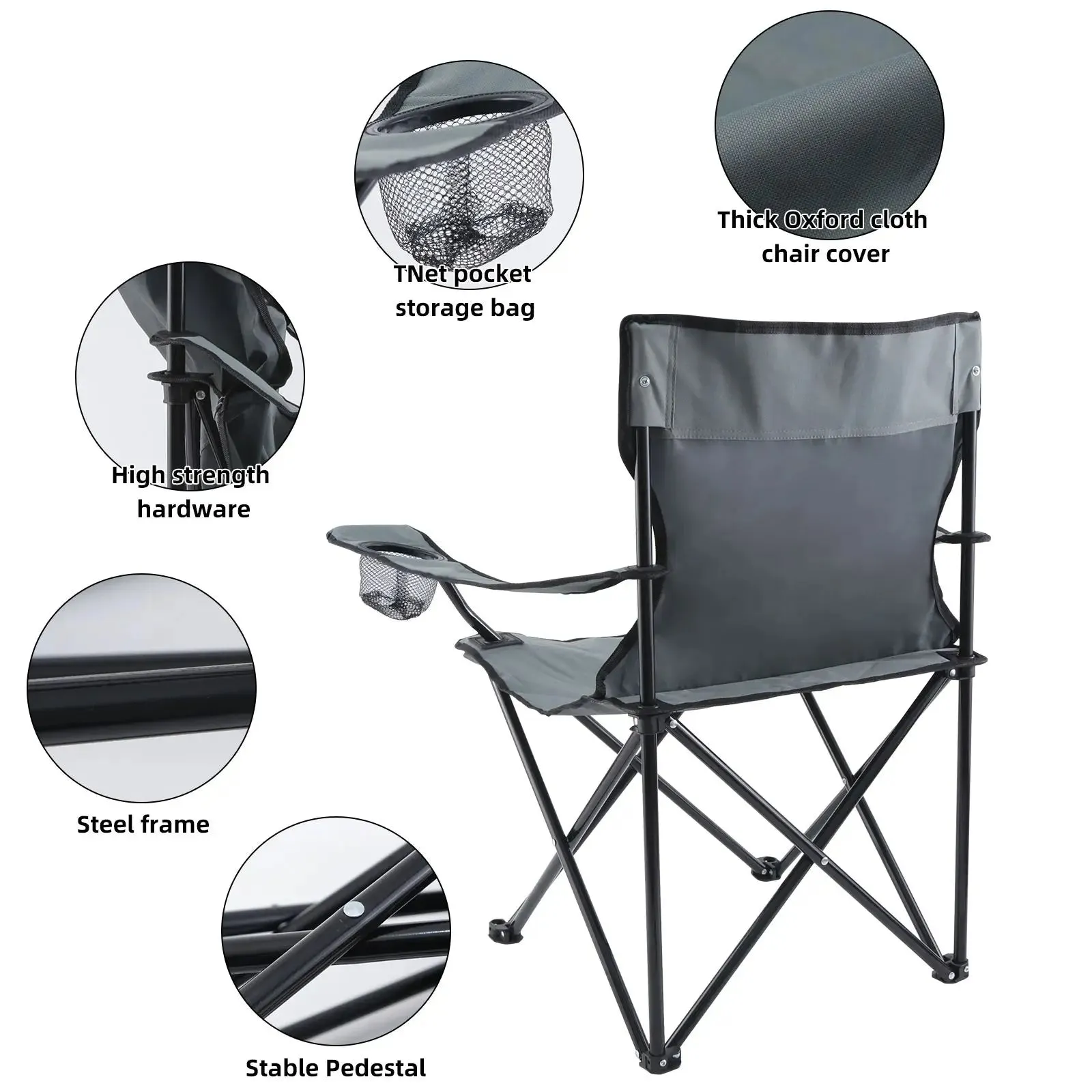 Portable Folding Grey Camping Chair, 1-Pack