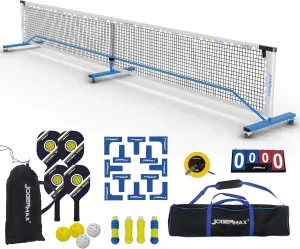 Portable Pickleball Net System with Lockable Wheels, Metal Frame Pickleball Court with LED Light, Regulation Size Net with Durable Carrying Bag, and 4 Pickleball Rackets.