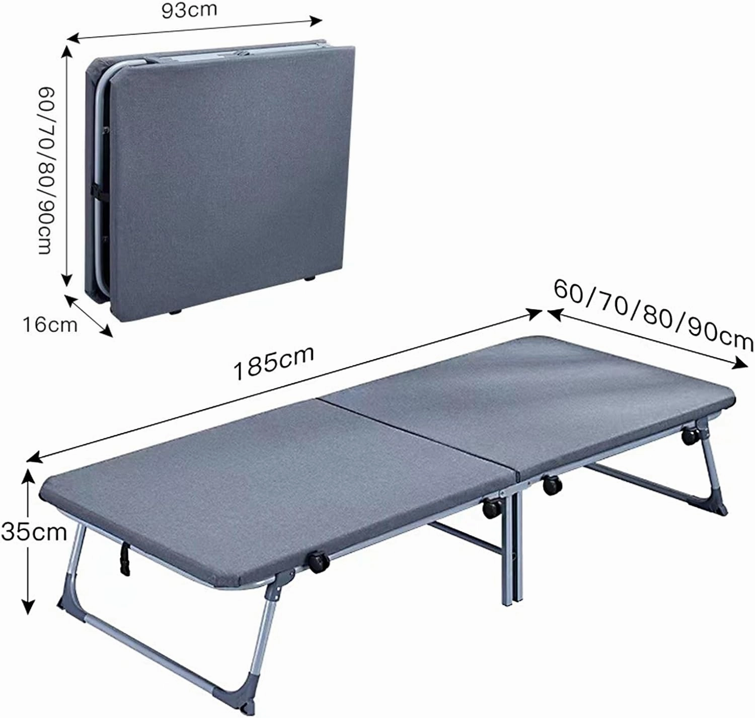 Portable Folding Bed for Adults - Twin Size Metal Bed with Universal Wheels, Multi-Functional Folding Cot for Home, Office & Outdoor Use (185x60x35cm)