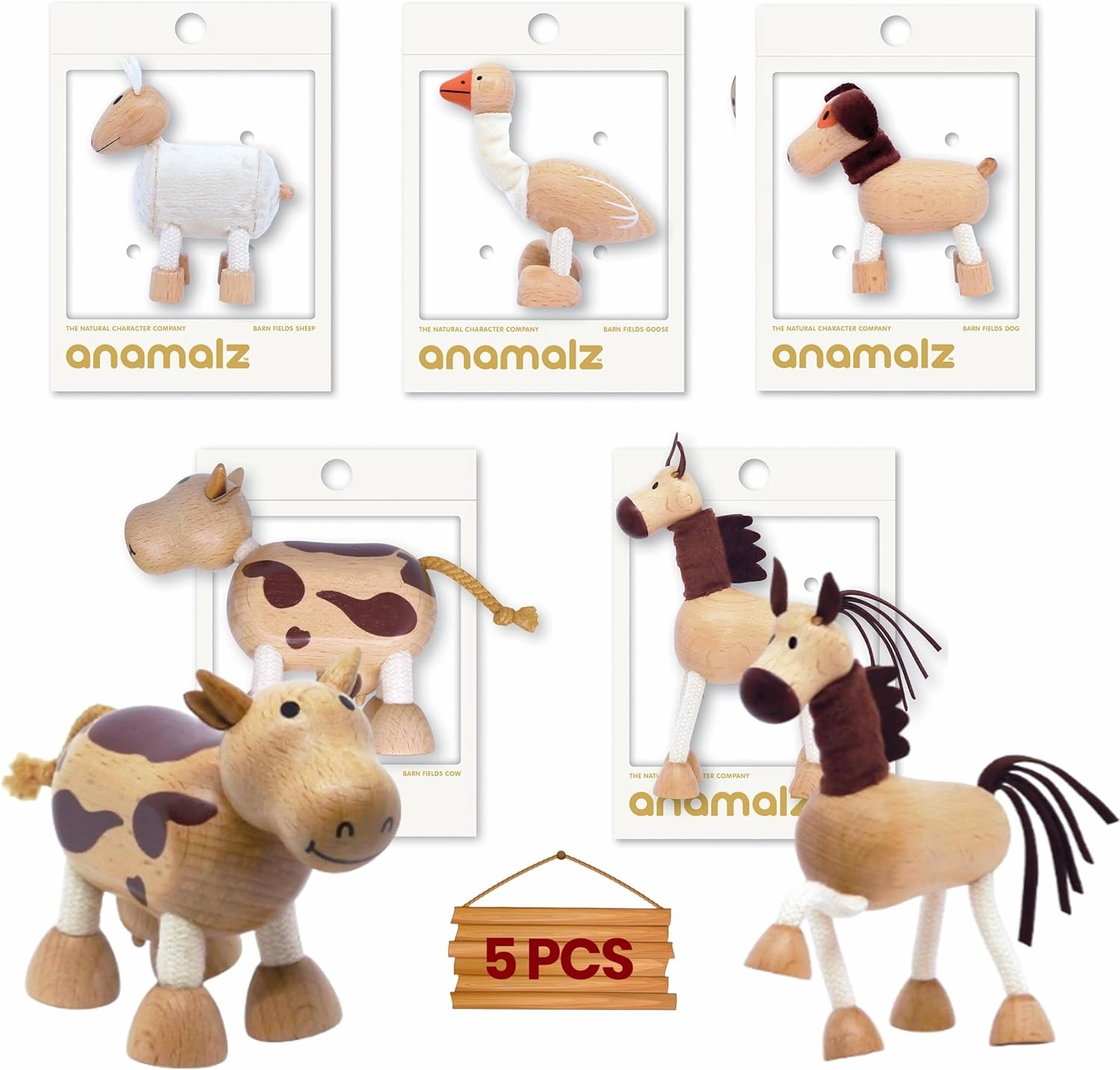 Posable Wooden Animal Toys for Toddlers - Fun Farm Playset with Cow, Horse, Goose, Dog, Sheep - 5 Bendable Figures - Early Education for Boys and Girls