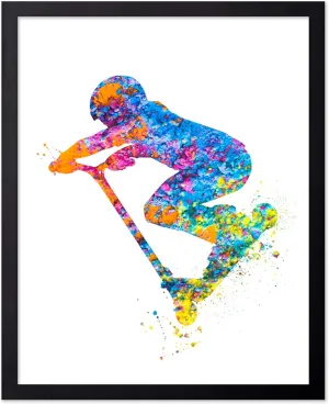 Poster Master Sports Poster - Scooter Print - Extreme Sport Art - Watercolor Art - Fitness Art - Abstract Art - Scooter Rider Art - Colorful Art - Kids Room or Playroom Decor - 11x14 Black Framed