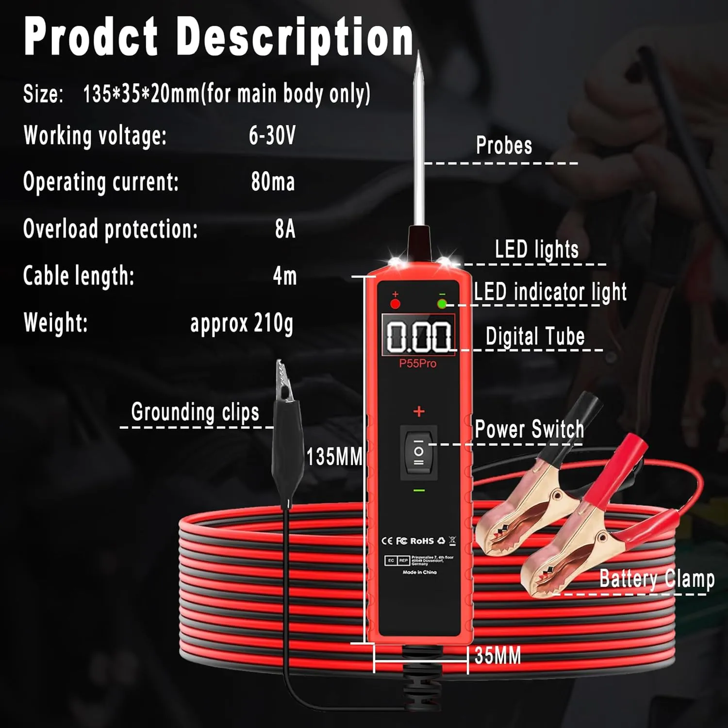 Power Circuit Probe Tester 6V-30V DC Test Light Car Fuse Tester Tool Short Circuit Located Auto Electrical Tester Kit Component Polarity Identify with Overload Protection,P55 Pro Test Probe.