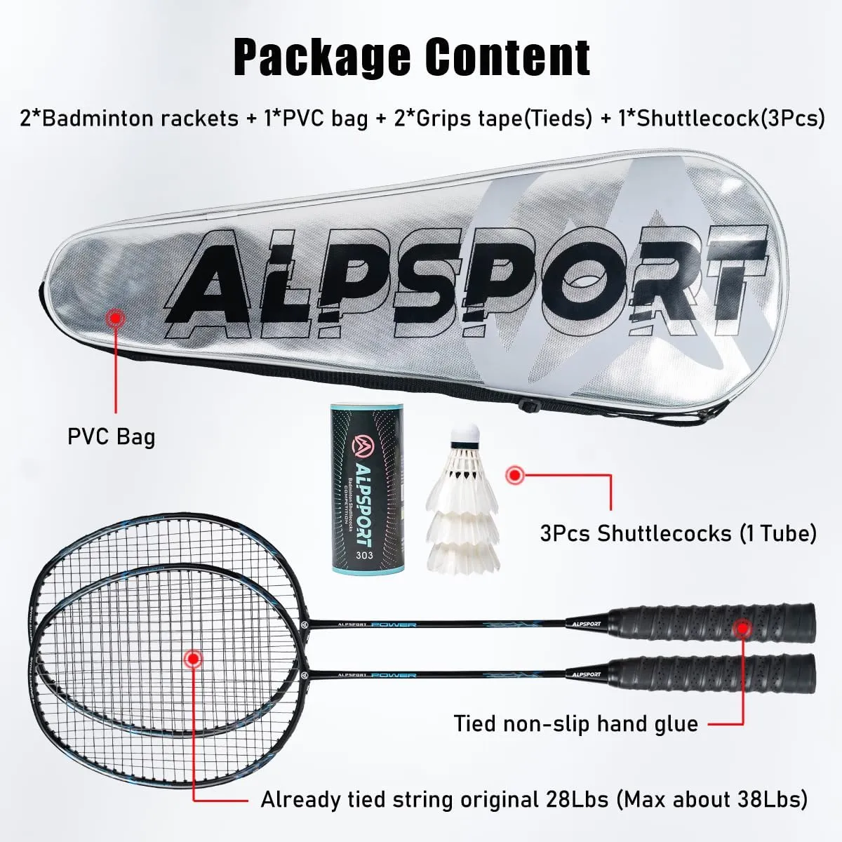 Power Original Design 4U G5 Graphite Badminton Rackets Sets of 2, Carbon Fiber Racquets with 1 PVC Bag, 2 Tied Grips Tapes, 3 Shuttlecocks, 22-28LBS Padel Raket for Sports Training