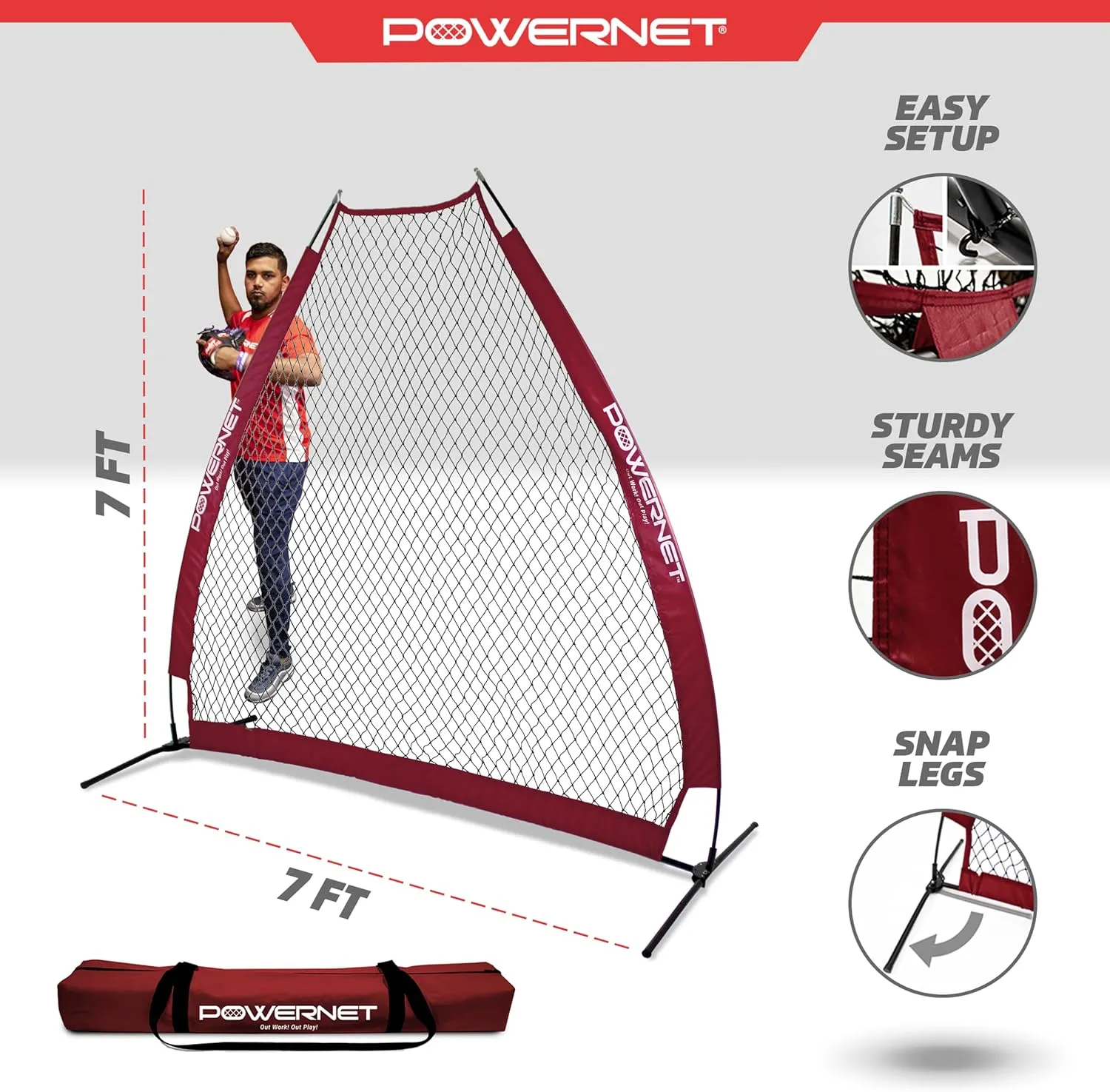 PowerNet Portable Softball & Baseball Batting Practice Pitching Screen, 7-FT I-Frame or A-Frame Pitching Net