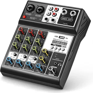 Professional Audio Mixer, Sound Board Mixing Console with 4 Channel Digital USB Bluetooth MP3 Computer, Input 48V Phantom Power Stereo DJ Mixers for Recording, Live Streaming, Podcasting
