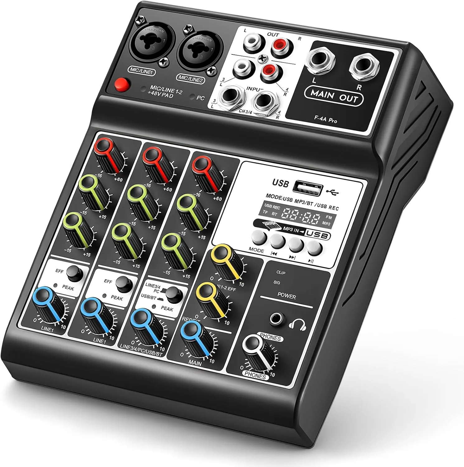 Professional Audio Mixer, Sound Board Mixing Console with 4 Channel Digital USB Bluetooth MP3 Computer, Input 48V Phantom Power Stereo DJ Mixers for Recording, Live Streaming, Podcasting