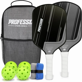 Professor Premier Pickleball Paddle Set of 2 Fiberglass Surface Paddles, 4 Balls, Carrying Bag & Grips - 2024 USAPA Approved!…