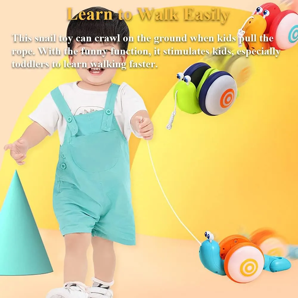 Pull String Crawling Snail, Funny Wriggly Snail Toddlers Walking-Learning Toy Pull and Push Baby Toy with Music and Lights Effect (Blue-Orange)