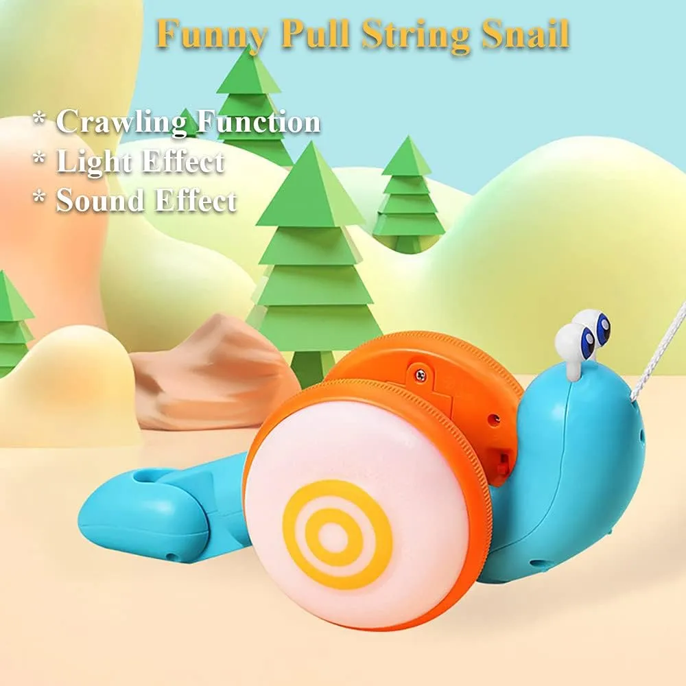 Pull String Crawling Snail, Funny Wriggly Snail Toddlers Walking-Learning Toy Pull and Push Baby Toy with Music and Lights Effect (Blue-Orange)